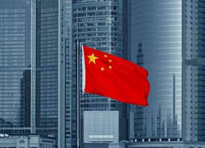 Chinese flag and skyscrapers