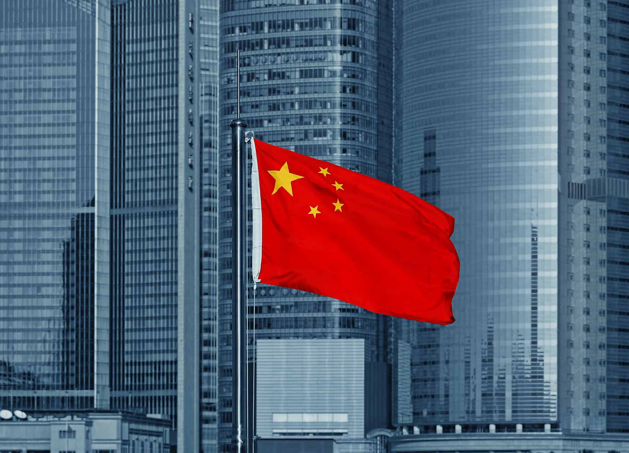 Chinese flag and skyscrapers