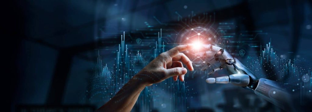 AI, Machine learning, Hands of robot and human touching on big data network connection, Data exchange, deep learning, Science and artificial intelligence technology, innovation of futuristic.