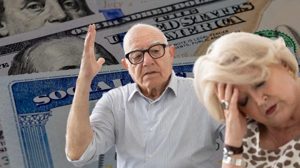 A distressed elderly man in glasses gestures with an open hand, looking exasperated, while an elderly blonde woman next to him holds her head in her hand, appearing upset. The background features blurred images of US dollar bills and a blue Social Security document.