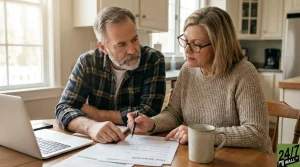 A grey-haired man in a plaid shirt and a woman with glasses in a beige sweater sit at a wooden kitchen table. The woman points with a pen to a document labeled 'HSA Statement', while the man looks on intently. A laptop is open on the left, and a ceramic mug rests on the table next to the woman. They appear to be discussing financial or healthcare documents.