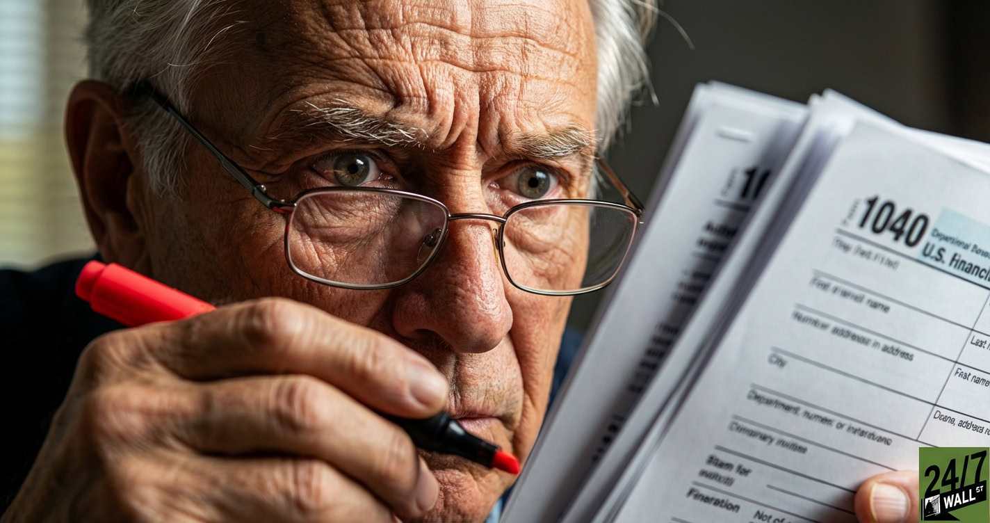 A close-up of an elderly man with glasses intently reviewing a 1040 tax document while holding a red marker.