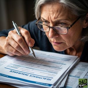 A close-up shot of an older woman with glasses reviewing health insurance documents with a concerned expression while holding a pen.