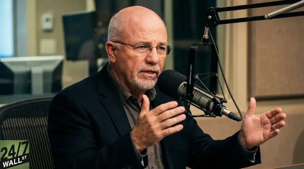 A bald man with a short white beard and glasses, wearing a dark suit jacket and dark shirt, speaks intently into a professional studio microphone. His hands are raised and gesturing as he talks, suggesting an engaging discussion. The background is blurred, showing office or studio equipment, and a '24/7 WALL ST' logo is visible in the bottom left corner.