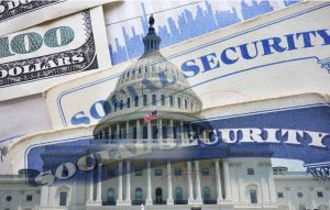 A layered composite image shows the white dome and front facade of the U.S. Capitol Building, featuring its columns and an American flag. It is overlaid onto sections of green and white one hundred dollar bills and multiple blue-on-white documents with the text 'SOCIAL SECURITY', along with a background pattern of a blue financial bar graph. The overall impression is one of governmental finance and policy.