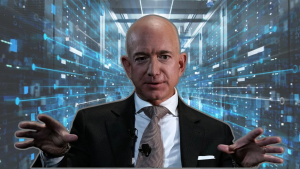 A medium shot of Jeff Bezos, a bald man wearing a dark suit, white shirt, and a patterned tie, with his hands gesturing slightly forward. The background is an abstract digital representation of a server room or data center, filled with interconnected blue lines, glowing squares, and subtle server rack outlines, emphasizing a technological and data-rich environment.