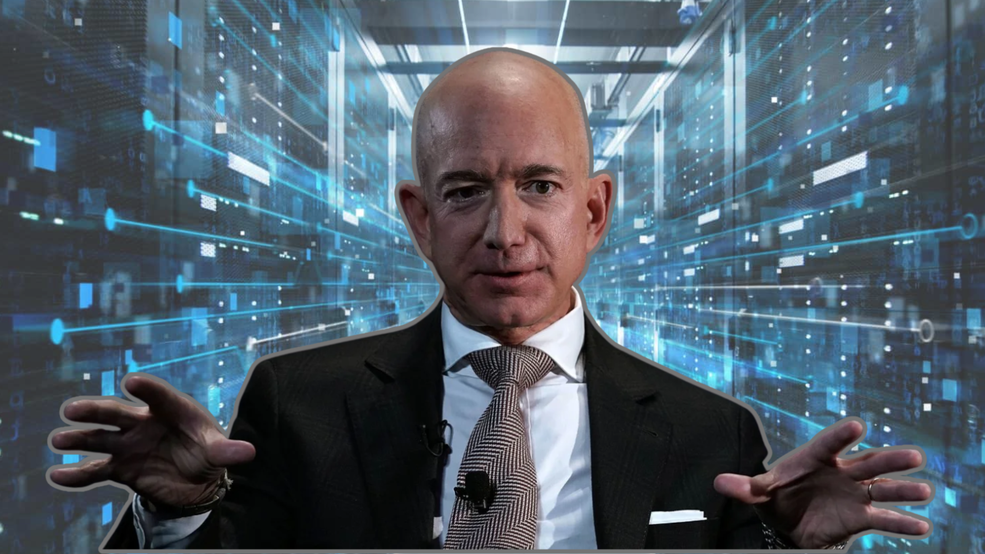 A medium shot of Jeff Bezos, a bald man wearing a dark suit, white shirt, and a patterned tie, with his hands gesturing slightly forward. The background is an abstract digital representation of a server room or data center, filled with interconnected blue lines, glowing squares, and subtle server rack outlines, emphasizing a technological and data-rich environment.