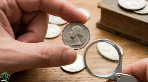 A person's hands are shown, holding a silver 1776-1976 Bicentennial Quarter featuring George Washington's profile. The coin is held between the thumb and forefinger, with the date clearly visible. A silver-framed magnifying glass is held in the foreground, pointed towards the coin. In the blurred background, other silver coins are scattered on a wooden surface next to an old, brown book. A '24/7 WALL ST' logo is in the bottom left corner.