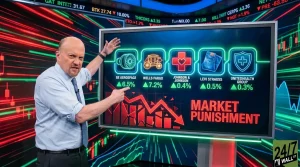 A man identified as Jim Cramer, wearing a light blue dress shirt and a blue patterned tie, stands in a television studio, pointing with both hands at a large screen. The screen displays five neon-outlined icons with company names: GE Aerospace (+6.5%), Wells Fargo (+7.2%), Johnson & Johnson (+0.4%), Levi Strauss (+0.5%), and UnitedHealth Group (+0.3%), all with green upward arrows. Below these, a bold red graphic depicts a jagged downward trend with the text 'MARKET PUNISHMENT'. The studio background is a vibrant display of green and red financial charts and data tickers.