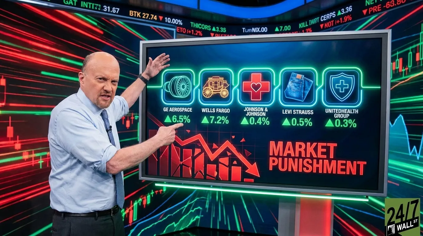 A man identified as Jim Cramer, wearing a light blue dress shirt and a blue patterned tie, stands in a television studio, pointing with both hands at a large screen. The screen displays five neon-outlined icons with company names: GE Aerospace (+6.5%), Wells Fargo (+7.2%), Johnson & Johnson (+0.4%), Levi Strauss (+0.5%), and UnitedHealth Group (+0.3%), all with green upward arrows. Below these, a bold red graphic depicts a jagged downward trend with the text 'MARKET PUNISHMENT'. The studio background is a vibrant display of green and red financial charts and data tickers.