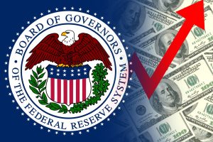The official seal of the Board of Governors of the Federal Reserve System, colored red, white, blue, and gold, is displayed on a dark blue background. The seal partially overlays a bright background composed of scattered U.S. one hundred-dollar bills. A large, diagonal red arrow points from the lower left corner towards the upper right corner across the image.
