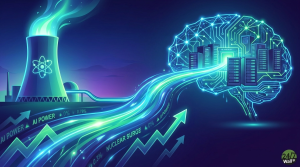 A vibrant digital illustration features a nuclear power plant on the left, emitting glowing green energy. Streams of bright blue and green light flow from the plant towards a stylized, glowing blue brain outline on the right, which contains multiple data server racks. Below the energy streams are upward-trending line graphs labeled 'AI POWER' and 'NUCLEAR SURGE' with percentage figures. The background is a gradient of dark blue and purple, and a '24/7 Wall St' logo is in the bottom right corner.