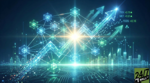 A vibrant digital graphic featuring interconnected glowing blue and green hexagonal nodes representing a network or blockchain. Large, pixelated upward-pointing arrows, symbolizing growth, traverse the scene towards the top right, where stock tickers show positive gains. Below, a futuristic cityscape glows against a circuit board pattern on a dark blue background. A bright central light source illuminates the scene, conveying a sense of innovation and progress.