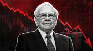 AI-generated editorial image of Warren Buffett in front of a red stock market chart with a gift box, suggesting market performance after his parting investment advice.