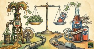 A conceptual illustration of a balance scale comparing an oil derrick gushing cash (CVX) with a soda bottle (PEP), labeled with their respective dividend streaks of 39 and 54 years.