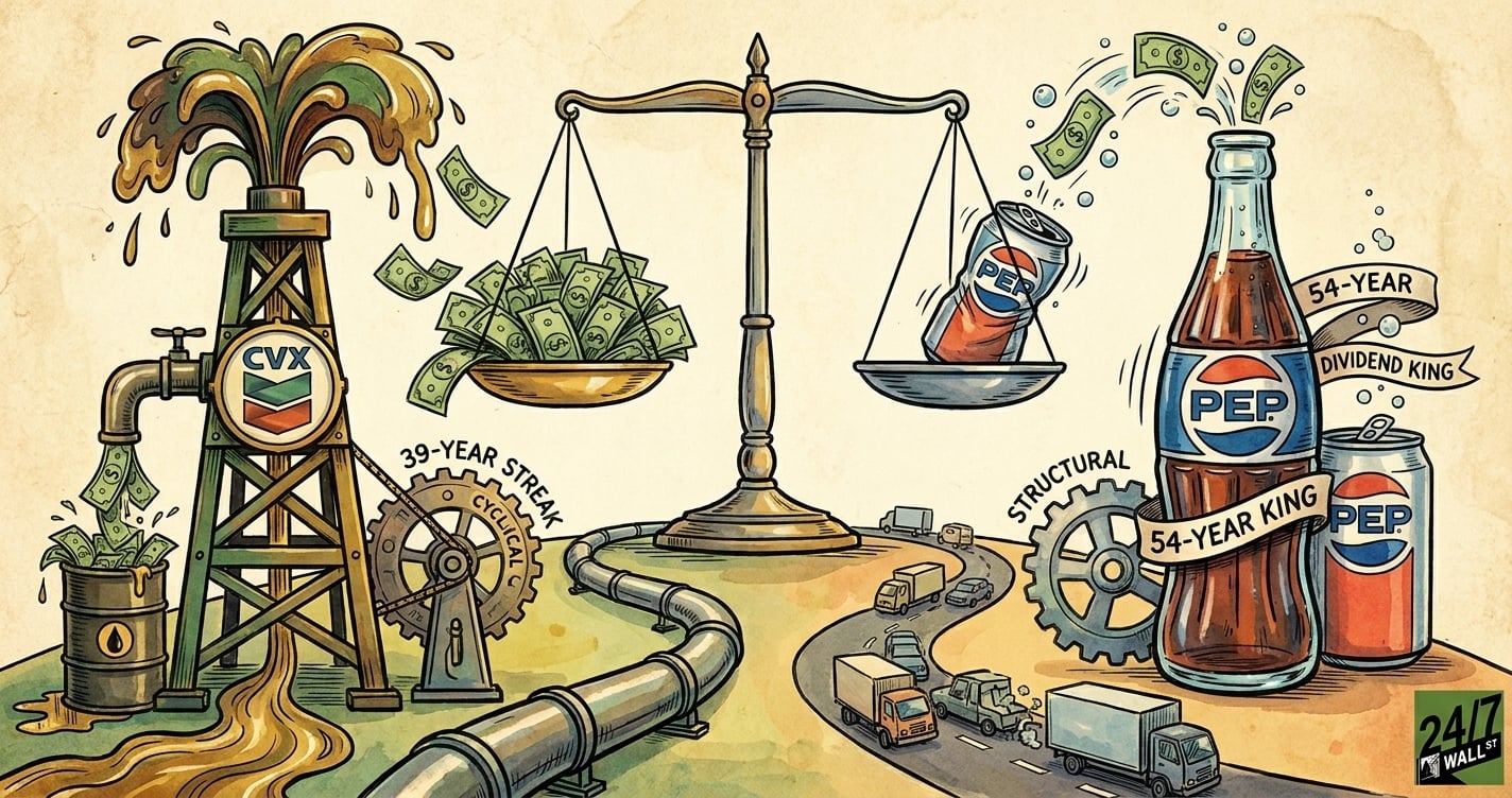 A conceptual illustration of a balance scale comparing an oil derrick gushing cash (CVX) with a soda bottle (PEP), labeled with their respective dividend streaks of 39 and 54 years.