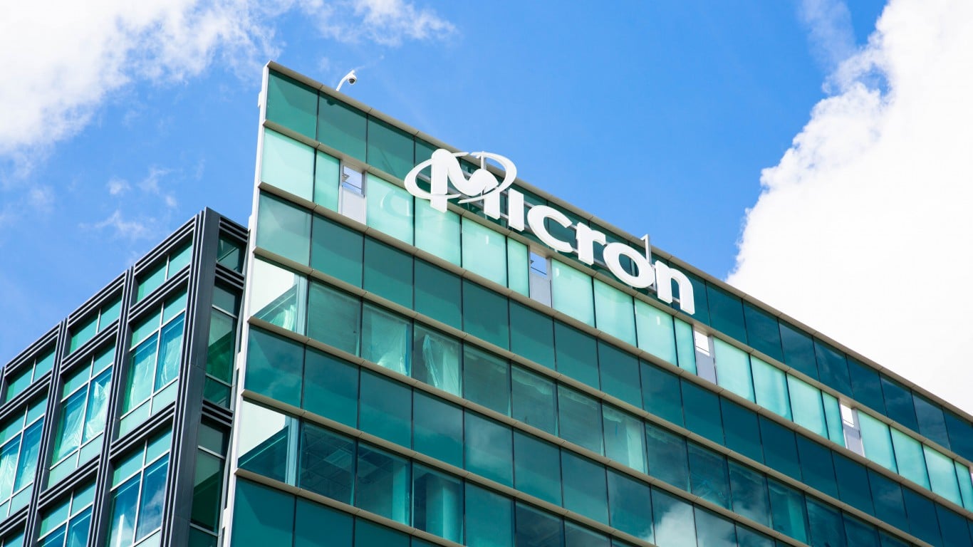 A low-angle exterior shot of a modern glass-paneled building with the white 'Micron' logo clearly visible on its facade. The building has a green-blue reflective glass exterior under a bright blue sky with white clouds. A security camera is mounted on the top edge of the building.