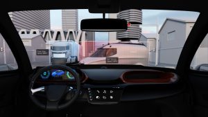 View from inside a car with a black steering wheel and dark interior, looking out through the windshield onto a city street. An augmented reality overlay displays digital information: a blue outlined truck to the left labeled 'Truck: Stop Speed: 0MPH' and a red outlined van to the right labeled 'Van: Turn left Speed: 5 MPH'. Buildings and generic city infrastructure are visible through the windshield. The dashboard includes a digital screen showing a blue SUV graphic and a speed gauge at '0'. Below, a secondary touchscreen displays various app icons such as music, calls, and weather.