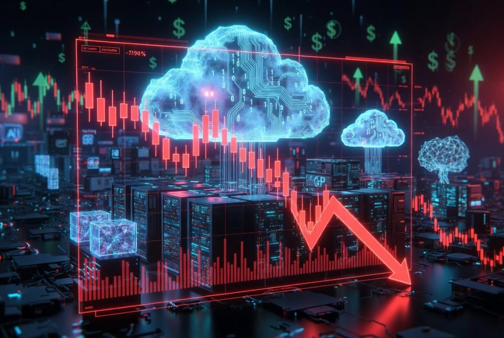 A dark, futuristic digital rendering shows a dramatic financial market downturn. A prominent red candlestick chart with a large, glowing red arrow points sharply downwards in the foreground. Above it, a bright blue, circuit-board patterned cloud, symbolizing cloud computing, hovers over rows of illuminated data servers. In the background, green dollar signs and upward arrows provide a visual contrast to the dominant red decline, suggesting a broader economic context for the tech sector's struggles.