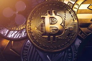Crypto currency coin set collection, bitcoin, ethereum, litecoin, ripple. Digital currency. Cryptocurrency. Silver and golden coins with bitcoin, ripple, litecoin and ethereum symbol.
