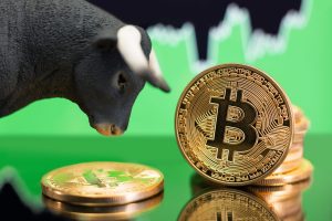 A black bull figurine with white horns is positioned on the left, looking towards several gold Bitcoin coins. One Bitcoin coin stands upright in the foreground, displaying the 'B' symbol and intricate patterns. On a reflective surface below, another Bitcoin coin lies flat. In the blurred background, a vibrant green upward-trending financial graph is visible.