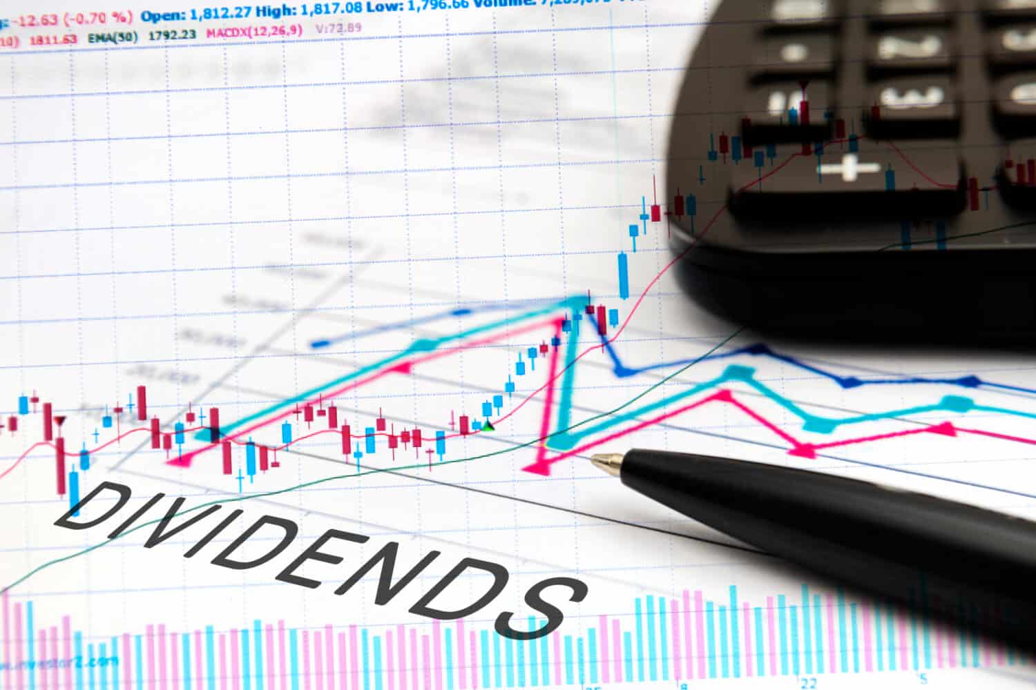 A close-up view of a financial chart on white paper, displaying colorful stock market data with red and blue candlestick patterns and wavy line graphs. The word 'DIVIDENDS' is written in large, bold letters across the lower left section. A black calculator is partially visible in the upper right corner, and a black pen with a gold tip rests on the paper, pointing towards the financial information.