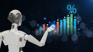 A white humanoid robot, seen from the back and right side, extends its right arm to point towards a glowing blue highlight on an upward-sloping bar graph. The graph consists of vertical bars in shades of orange, blue, and green, with a large blue percentage symbol ' % ' positioned above the highest green bar. The background is a dark blue dotted with numerous glowing, out-of-focus light specks, creating a futuristic and dynamic atmosphere.