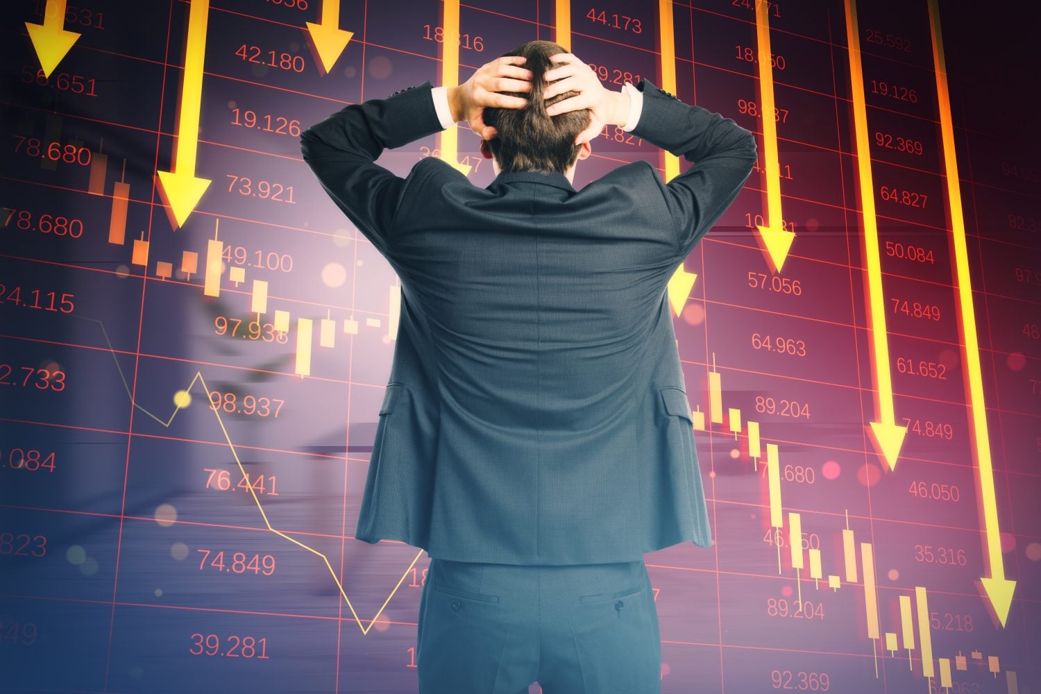 Back view of worried young european businessman with red crisis arrows on blurry background. Economic recession, financial fall and crash concept. Double exposure