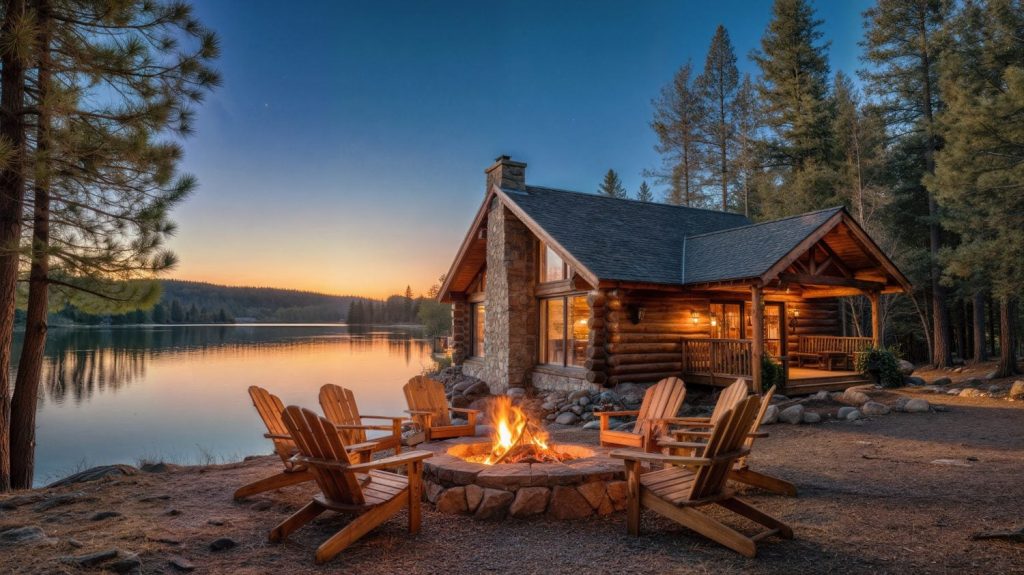 Cozy log cabin located by a calm lake at sunset. Scenic outdoor scene with campfire, wooden chairs, forest landscape, and warm evening light.