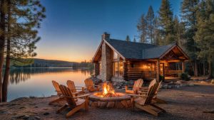 Cozy log cabin located by a calm lake at sunset. Scenic outdoor scene with campfire, wooden chairs, forest landscape, and warm evening light.