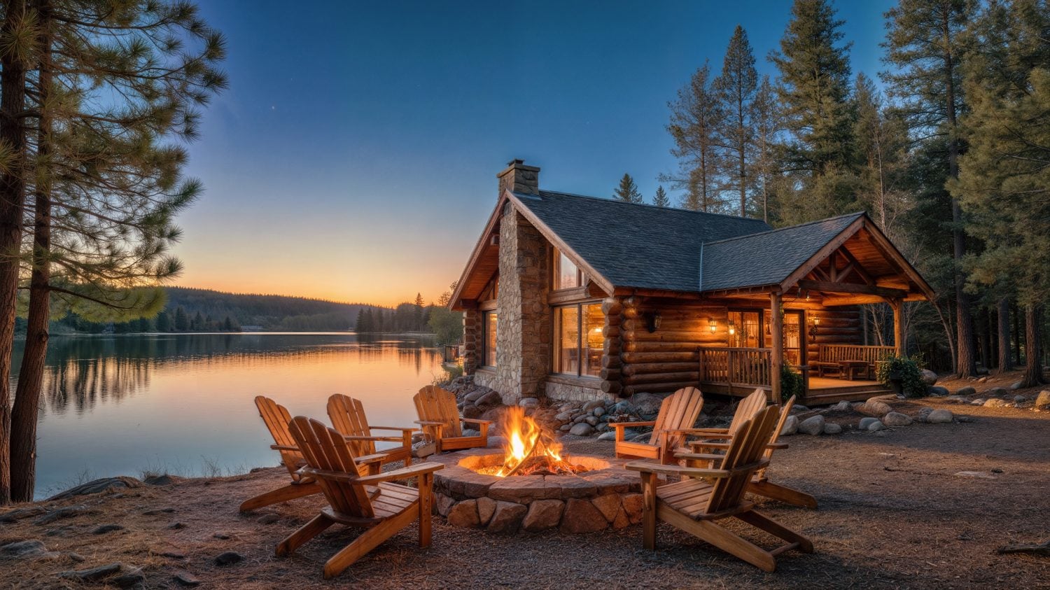 Cozy log cabin located by a calm lake at sunset. Scenic outdoor scene with campfire, wooden chairs, forest landscape, and warm evening light.