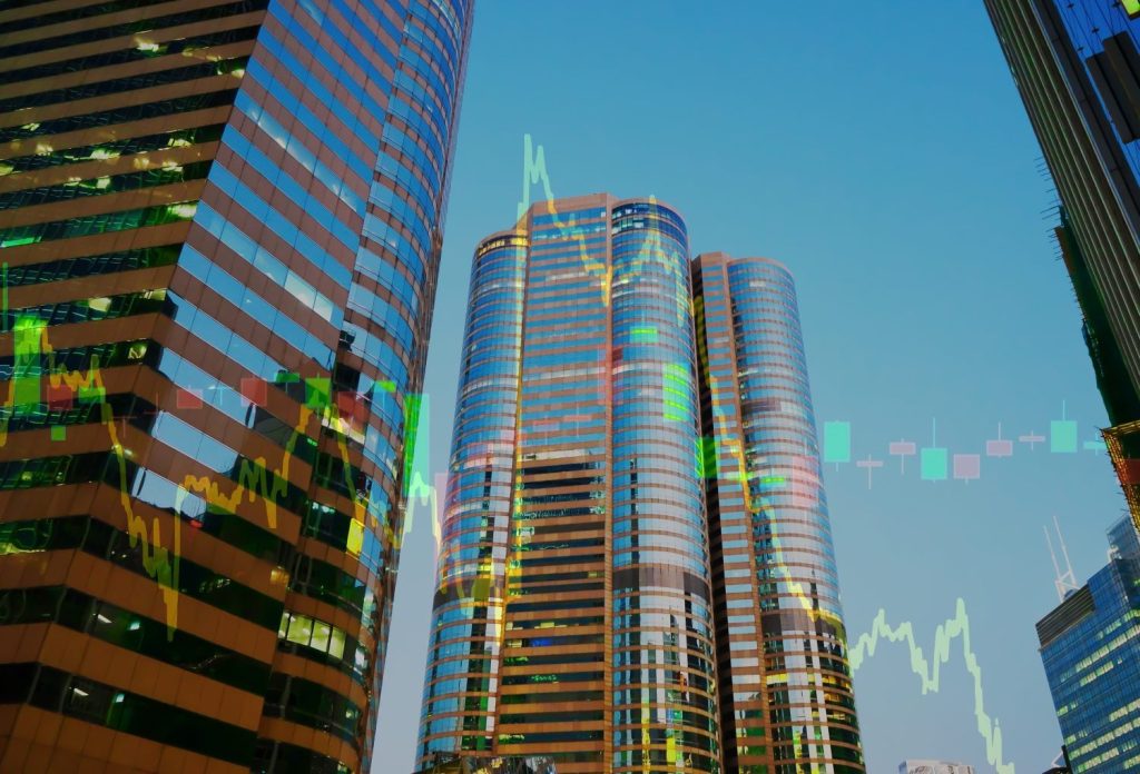 Commercial realty investment graph prices, trading exchange. Premier global hub, prime locations central in Hong Kong. Commercial real estate market HK. Stock market charts, skyscrapers tower skyline