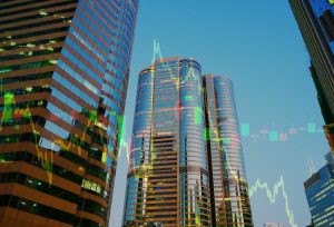 Commercial realty investment graph prices, trading exchange. Premier global hub, prime locations central in Hong Kong. Commercial real estate market HK. Stock market charts, skyscrapers tower skyline