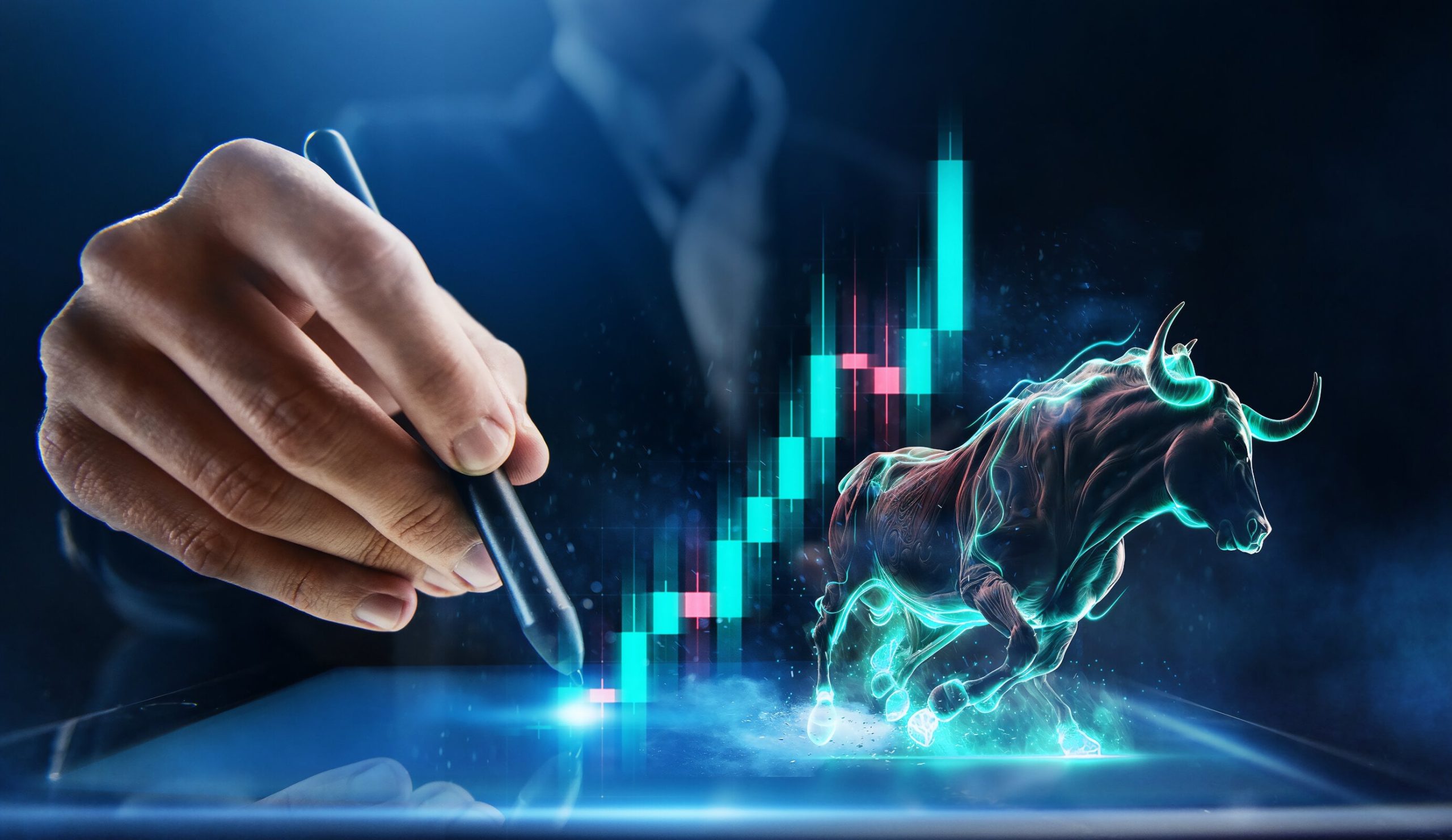 A close-up shot of a person's hand holding a black digital stylus, tapping on a glowing blue screen. The screen displays an illuminated financial candlestick chart with teal upward bars and pink downward bars, set against a dark, starry background. A translucent, glowing bull, outlined in neon teal and pink, charges across the lower right, creating a sense of dynamic market activity and growth.