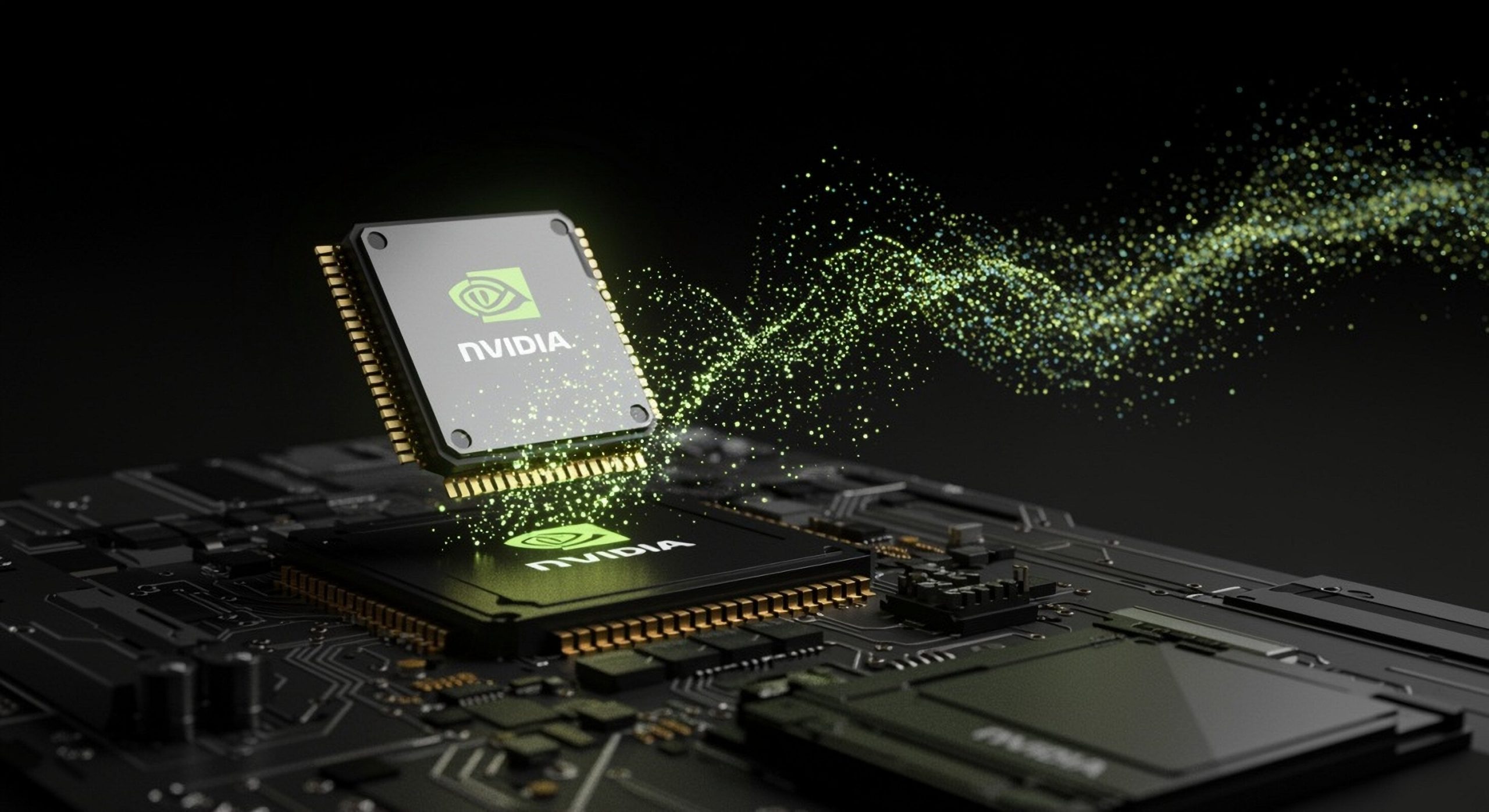A close-up three-dimensional render of an NVIDIA processor glowing with green light, positioned above another embedded NVIDIA chip on a dark, intricate circuit board. A dynamic stream of luminous green and light blue particles flows from the elevated chip, curving upwards and to the right against a dark background, suggesting data or energy transfer.