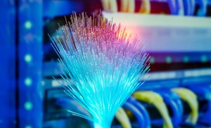 Glowing,Fiber,Optic,Cables,Transmitting,High-speed,Data,Across,A,Blue