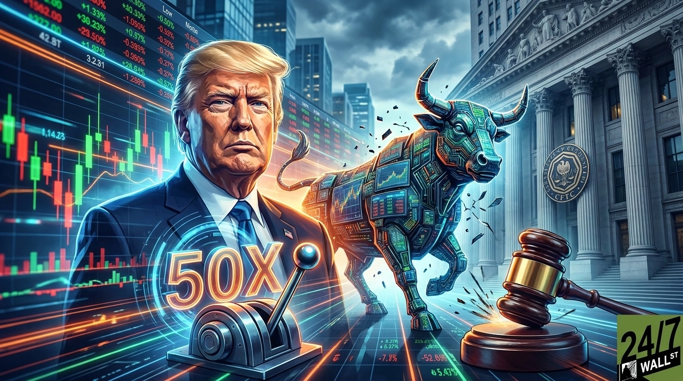 A digital illustration featuring a determined Donald Trump looking forward, standing against a backdrop of glowing financial charts and city skyscrapers. To his right is a dynamic, circuit-board-patterned bull with embedded screen charts. In the foreground, a glowing '50X' is positioned next to a metallic lever, symbolizing leverage. On the right, a large governmental building with columns displays a 'CFTC' seal, and a judge's gavel rests on a sound block. The overall color scheme is neon blues, greens, and oranges, emphasizing a high-tech financial theme. The '24/7 WALL ST' logo is in the bottom right corner.