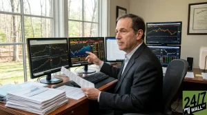 A man in a dark suit and light blue collared shirt sits at a wooden desk with six computer monitors displaying financial charts and data. He holds several papers in his left hand and points at one of the screens with his right index finger, looking thoughtfully to his right. A large stack of financial documents sits on the left side of the desk, and a large window with a view of green trees and natural light is behind him. A '24/7 Wall St' logo is visible in the bottom right corner of the image.