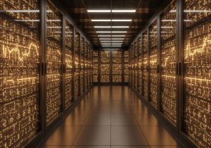 A long, symmetrical hallway in a large data center, lined on both sides with dark, tall server racks. The racks glow brightly with intricate golden and orange light patterns, resembling active circuit boards or data streams. The dark, reflective floor shows the warm glow from the servers, creating a sense of depth and advanced technology.