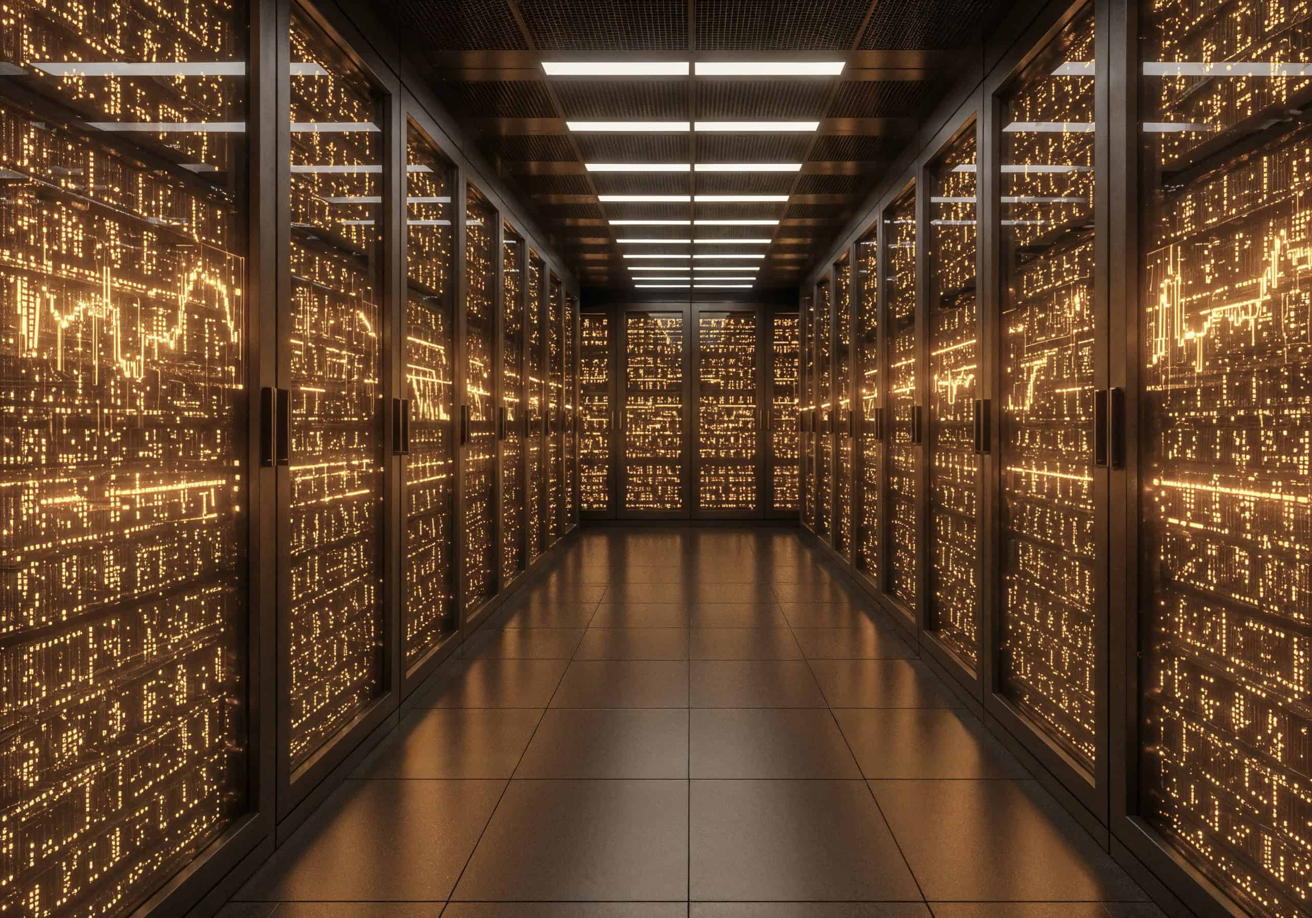 A long, symmetrical hallway in a large data center, lined on both sides with dark, tall server racks. The racks glow brightly with intricate golden and orange light patterns, resembling active circuit boards or data streams. The dark, reflective floor shows the warm glow from the servers, creating a sense of depth and advanced technology.
