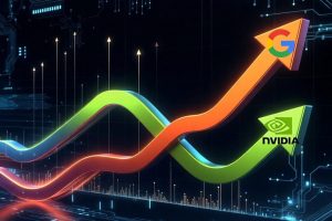 A digital graphic showing two large, upward-curving arrows against a dark, tech-themed background with glowing lines and circuit patterns. The orange arrow at the top right has the multi-colored Google 'G' logo. The green arrow below it has the white Nvidia logo and text. Smaller upward arrows and glowing data points are visible in the background.