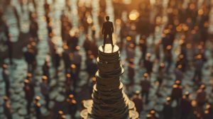 A silhouetted figure in a suit stands on a very tall stack of gold coins, viewed from slightly above and behind. The person looks out over a vast, blurred crowd of people, illuminated by warm, golden light in the background. The foreground coins are sharp, while the background crowd is out of focus, creating a sense of depth and prominence for the central figure.