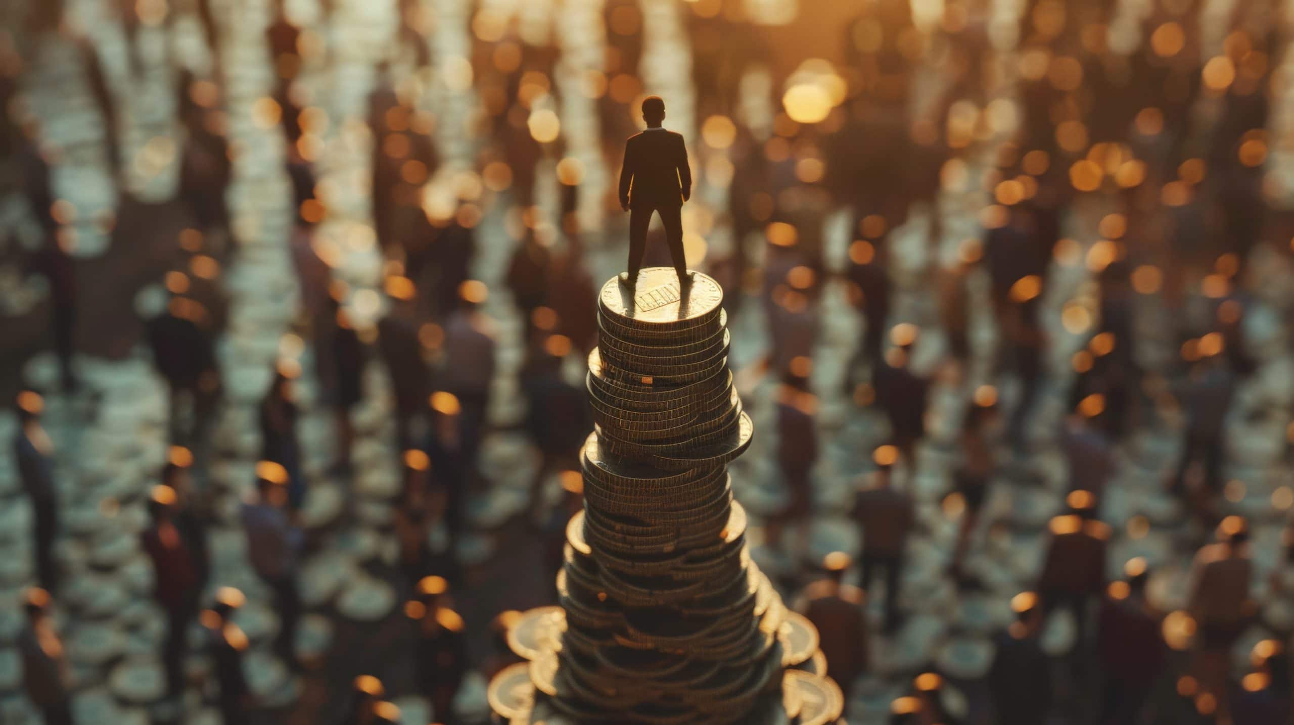 A silhouetted figure in a suit stands on a very tall stack of gold coins, viewed from slightly above and behind. The person looks out over a vast, blurred crowd of people, illuminated by warm, golden light in the background. The foreground coins are sharp, while the background crowd is out of focus, creating a sense of depth and prominence for the central figure.