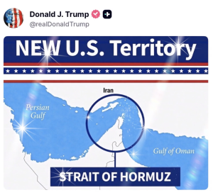 A social media post from Donald J. Trump's account shows a map featuring the Persian Gulf, Gulf of Oman, and the Strait of Hormuz. The top of the image prominently displays the text 'NEW U.S. Territory' above a red, white, and blue stripe with stars, resembling the U.S. flag. The Strait of Hormuz area is highlighted within a blue circle on the map, with Iran labeled along its coast. At the bottom, a blue banner contains the text 'STRAIT OF HORMUZ'.