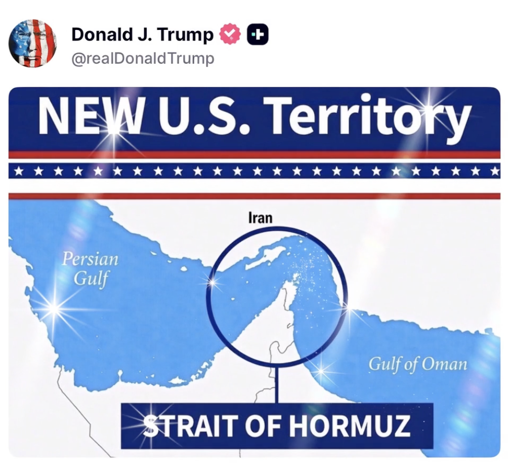 A social media post from Donald J. Trump's account shows a map featuring the Persian Gulf, Gulf of Oman, and the Strait of Hormuz. The top of the image prominently displays the text 'NEW U.S. Territory' above a red, white, and blue stripe with stars, resembling the U.S. flag. The Strait of Hormuz area is highlighted within a blue circle on the map, with Iran labeled along its coast. At the bottom, a blue banner contains the text 'STRAIT OF HORMUZ'.