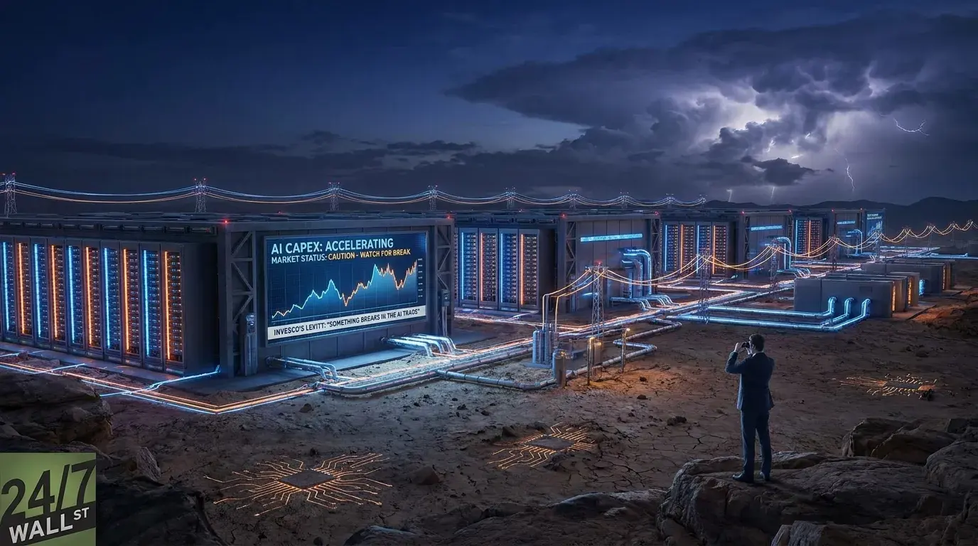 An illustration of a sprawling, futuristic data center at dusk under a stormy sky with lightning strikes. The data center buildings feature glowing blue and orange server racks. A large screen displays 'AI CAPEX: ACCELERATING' and 'MARKET STATUS: CAUTION - WATCH FOR BREAK' with a financial graph. Glowing circuit board patterns are etched into the dry, rocky ground, connected by illuminated pipes and power lines. In the foreground, a man in a suit stands on rocks, looking towards the data center through binoculars.