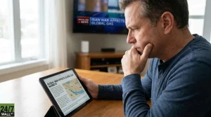A man with short grey hair and a blue long-sleeved shirt sits at a wooden table, looking intently at a tablet he holds. His right hand is on his chin, conveying thought. The tablet displays a news article titled 'GLOBAL WAR AFFECTS GLOBAL GAS MARKETS' with a map. In the background, a TV screen shows a news segment with the text 'IRAN WAR AFFECTS GLOBAL GAS'.