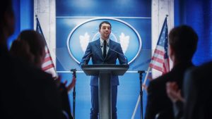 A man in a dark blue suit and tie stands at a dark podium, speaking into two microphones. He is positioned center frame against a vibrant blue wall with a large, oval, official-looking white emblem. On either side of the podium, an American flag stands. The foreground shows blurred outlines of audience members, some with hands raised as if clapping.