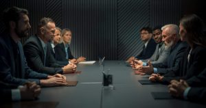 A side view of a diverse group of eight business professionals—men and women of varying ages—seated around a long, dark conference table in a modern, dimly lit room. They are dressed in dark suits and business attire, engaged in a discussion. Some individuals are gesturing with their hands, and their expressions indicate focus and engagement. The background features a dark, textured wall.