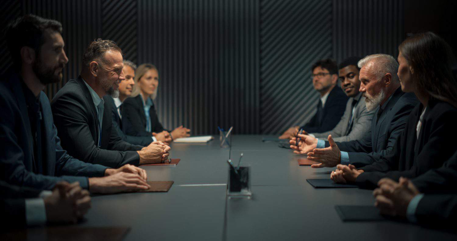 A side view of a diverse group of eight business professionals—men and women of varying ages—seated around a long, dark conference table in a modern, dimly lit room. They are dressed in dark suits and business attire, engaged in a discussion. Some individuals are gesturing with their hands, and their expressions indicate focus and engagement. The background features a dark, textured wall.